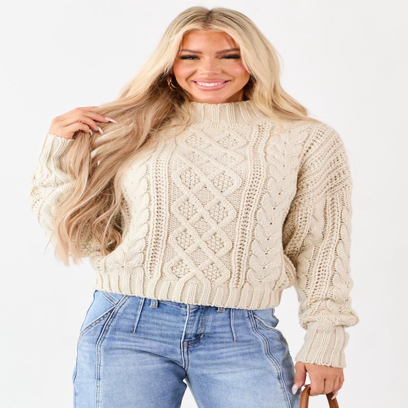 Cream Mock Neck Cable Knit Wool Blend Sweater
