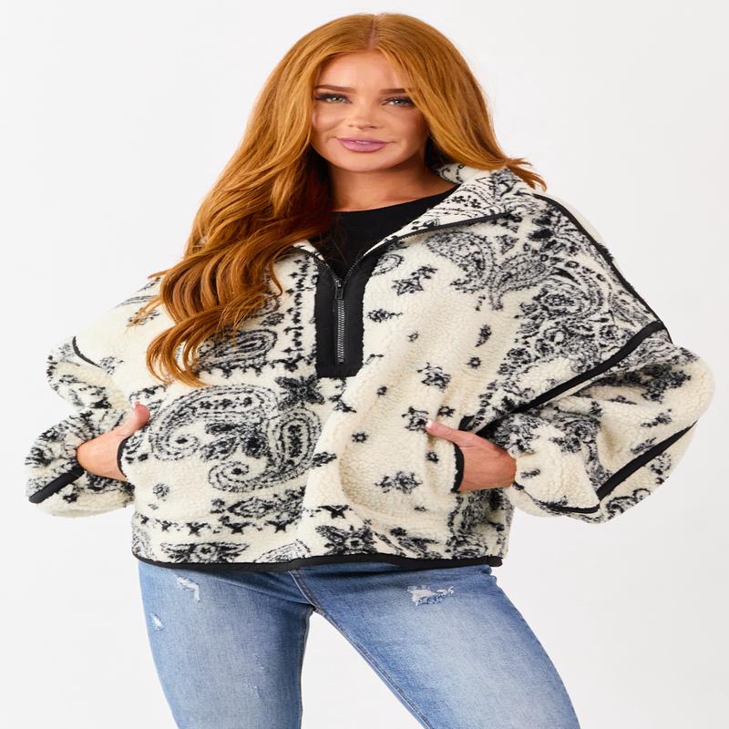 Cream Paisley Half Zip Up Sherpa Pullover Jacket