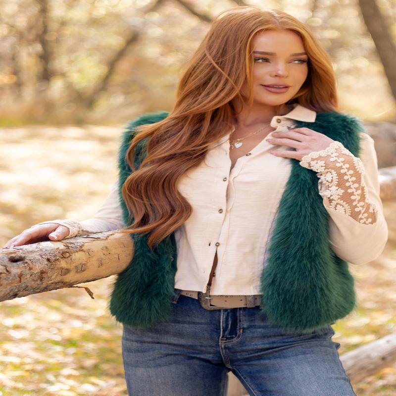 Dark Pine Faux Fur Hook and Eye Closure Vest