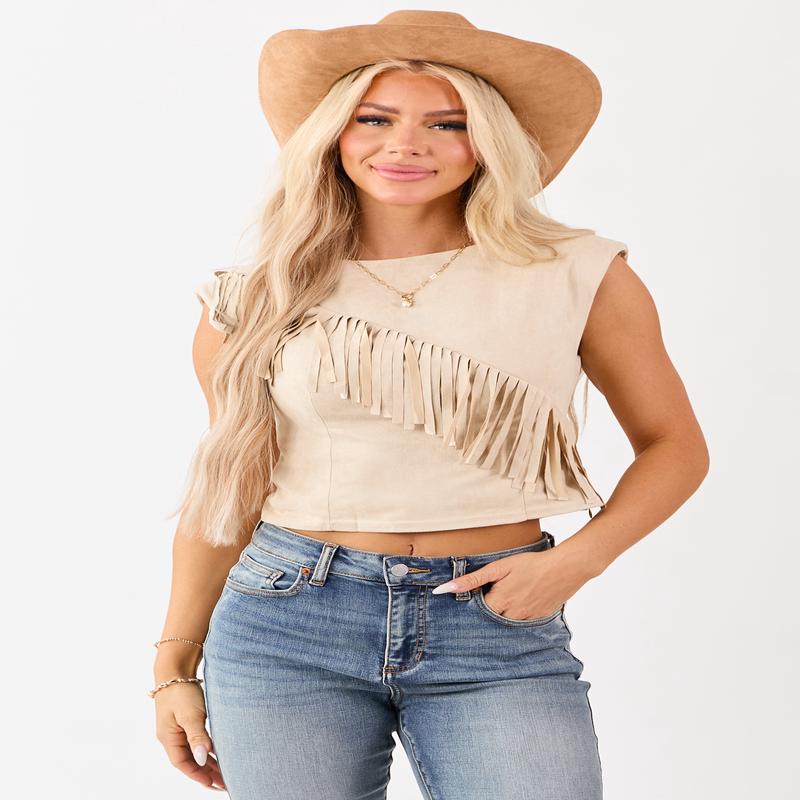 Desert Sand Faux Suede Fringe Cap Sleeve Top
