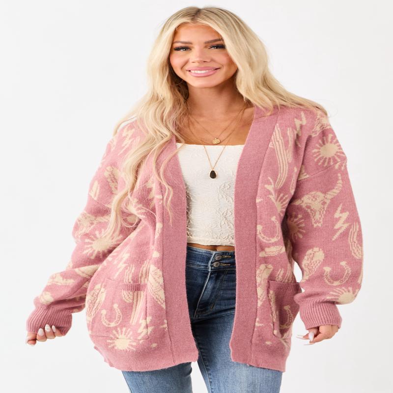 Dusty Blush Western Print Open Front Ribbed Trim Cardigan