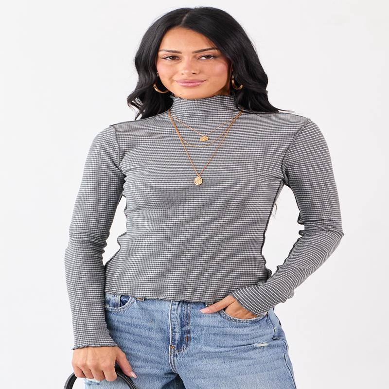 Graphite Striped Ribbed Knit Long Sleeve Mock Neck Top