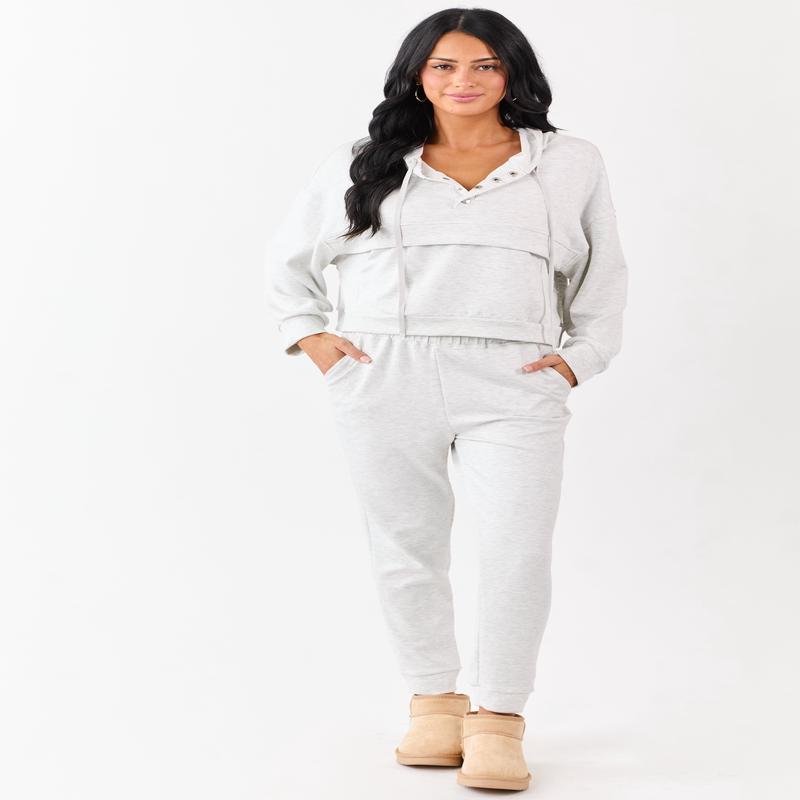 Heather Grey Buttoned Hoodie and Sweatpants Set