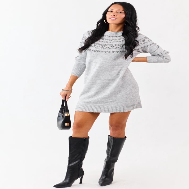 Heather Grey Fair Isle Rhinestone Sweater Short Dress
