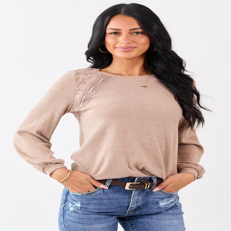 Heathered Rose Taupe Floral Lace Detail Sweater