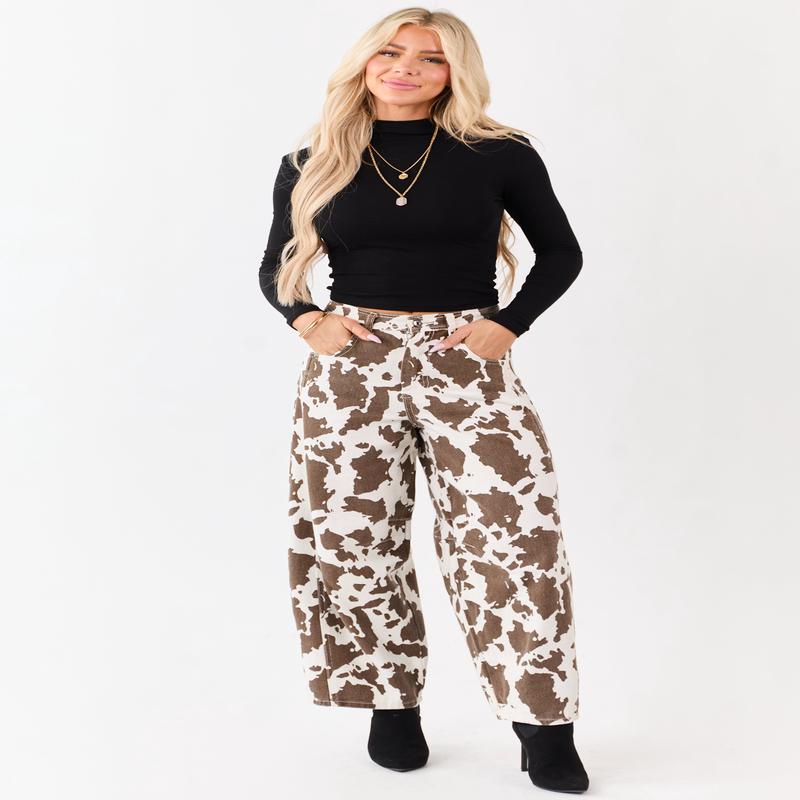 Ivory and Cocoa Washed Cow Print Barrel Jeans