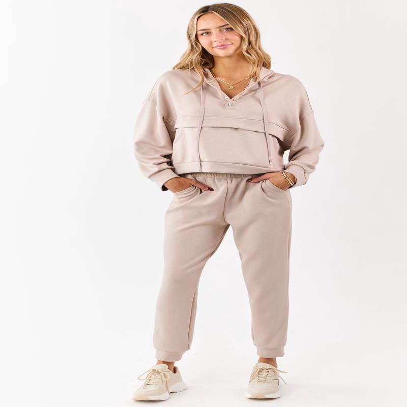 Latte Buttoned Hoodie and Sweatpants Set