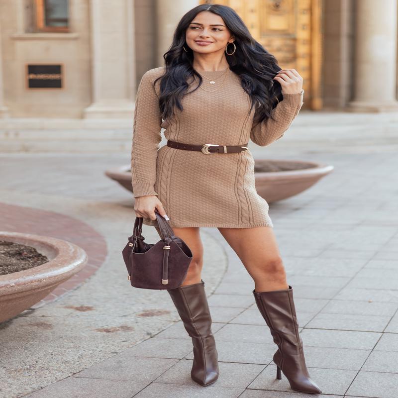 Light Coffee Cable Knit Long Sleeve Sweater Mini Dress