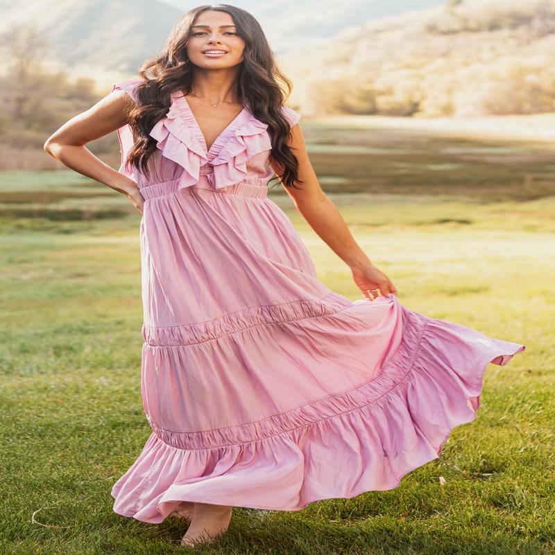 Light Orchid Ruffle Cap Sleeve Maxi Dress