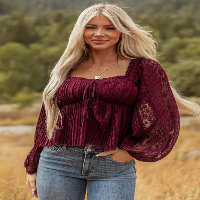 Listicle Wine Floral Lace Long Sleeve Babydoll Top