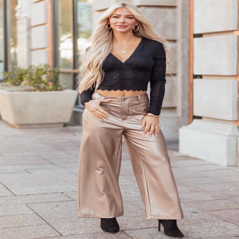 Lovelo Metallic Bronze Wide Leg Faux Leather Pants