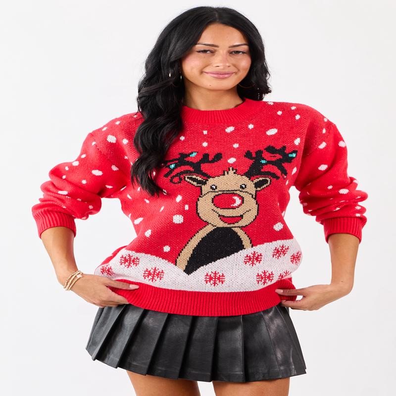 Lovelo Scarlet Reindeer Graphic Rib Knit Sweater