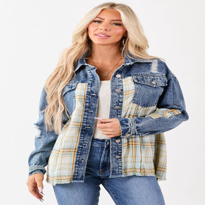 Medium Wash Denim Plaid Contrast Button Up Jacket