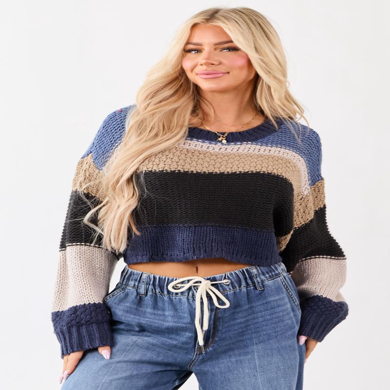 Navy Colorblock Stripe Cropped Boxy Knit Sweater