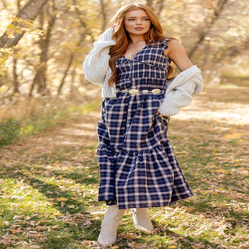 Navy Plaid Button Down Smocked Cotton Midi Dress