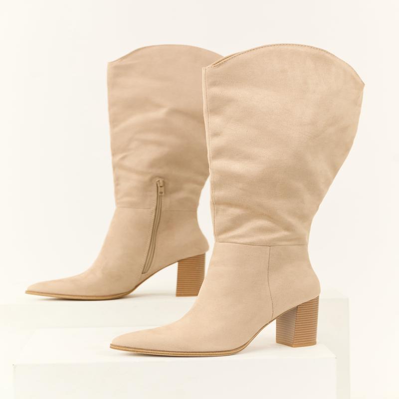Oatmeal Faux Suede Block Heel Tall Boots