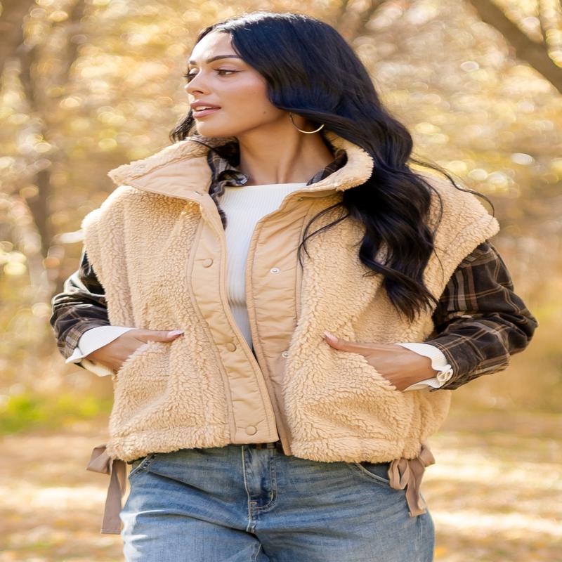 Peanut Sherpa Contrast Button Down Side Tie Vest