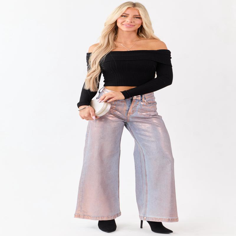 Saige Pink Metallic Wide Stretchy Tummy Control Jeans