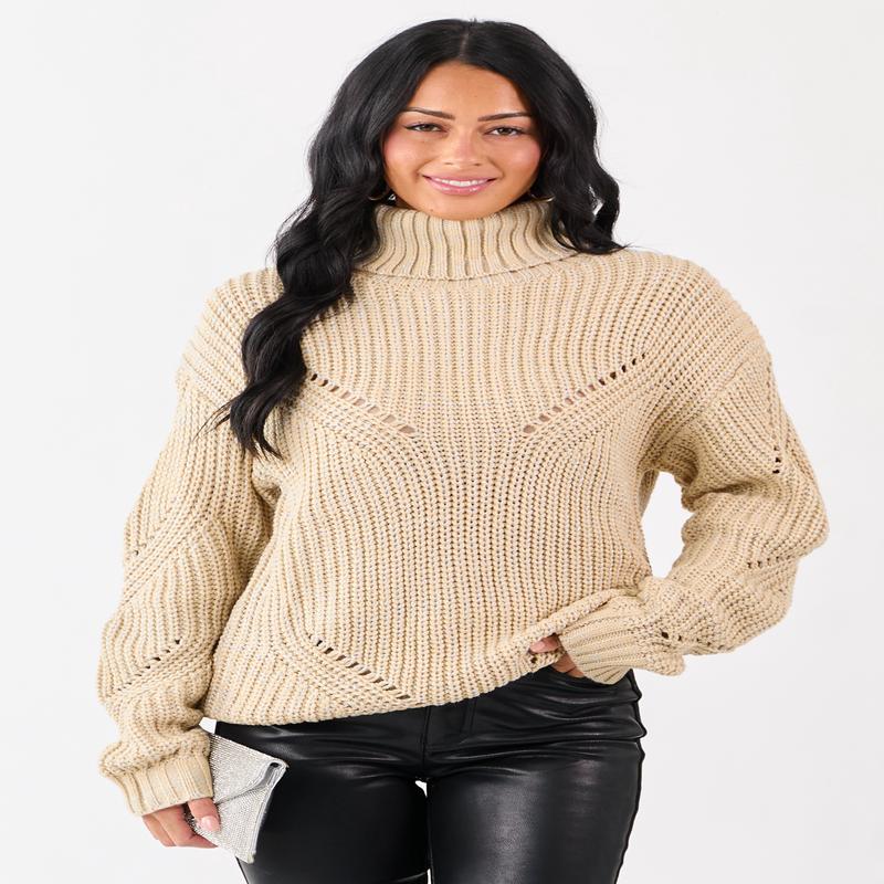 Sand Lurex Stitch Turtleneck Pointelle Ribbed Sweater