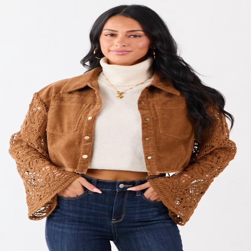 Sepia Corduroy Contrast Crochet Sleeve Crop Jacket