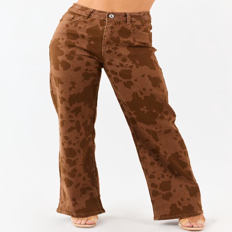 Sepia Cow Print Stretchy Straight Leg Jeans