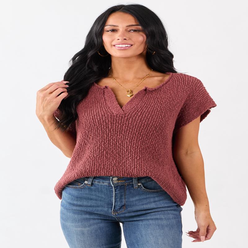 Sepia Slub Knit Short Sleeve Cotton Sweater Top