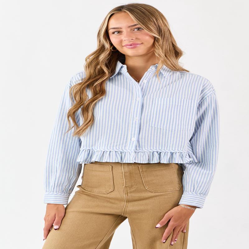 Sky Blue and White Striped Cotton Button Up Top