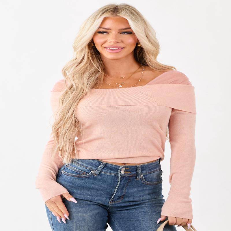 Tea Rose Cropped Off Shoulder Long Sleeve Knit Top