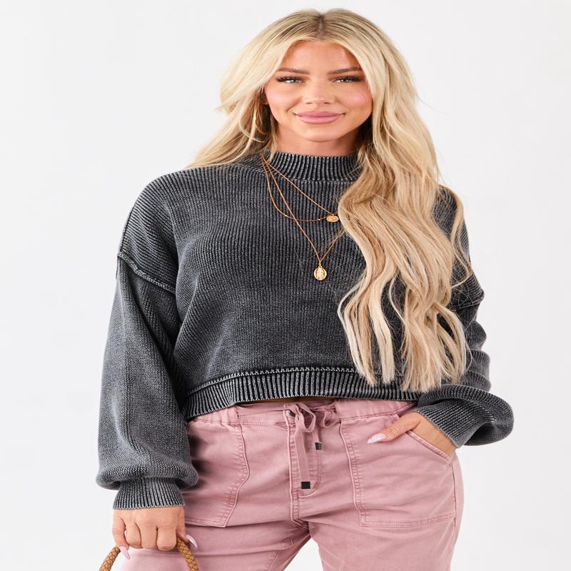 Washed Charcoal Cotton Mock Neck Rib Knit Sweater