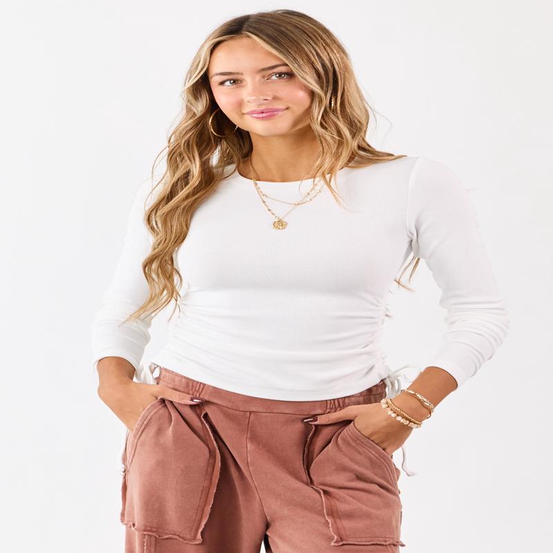 White Ruched Side Tie Long Sleeve Knit Top
