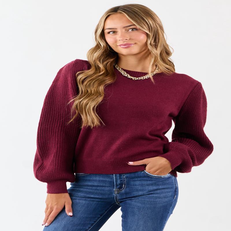 Wine Ribbed Knit Puff Long Sleeve Sweater