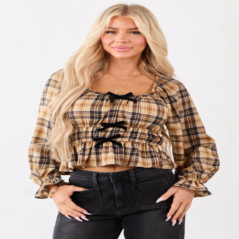 Beige Plaid Velvet Bow Detail Square Neck Top