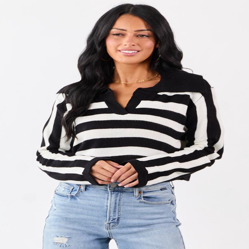 Black and Ivory Stripe Polo Style Cropped Sweater