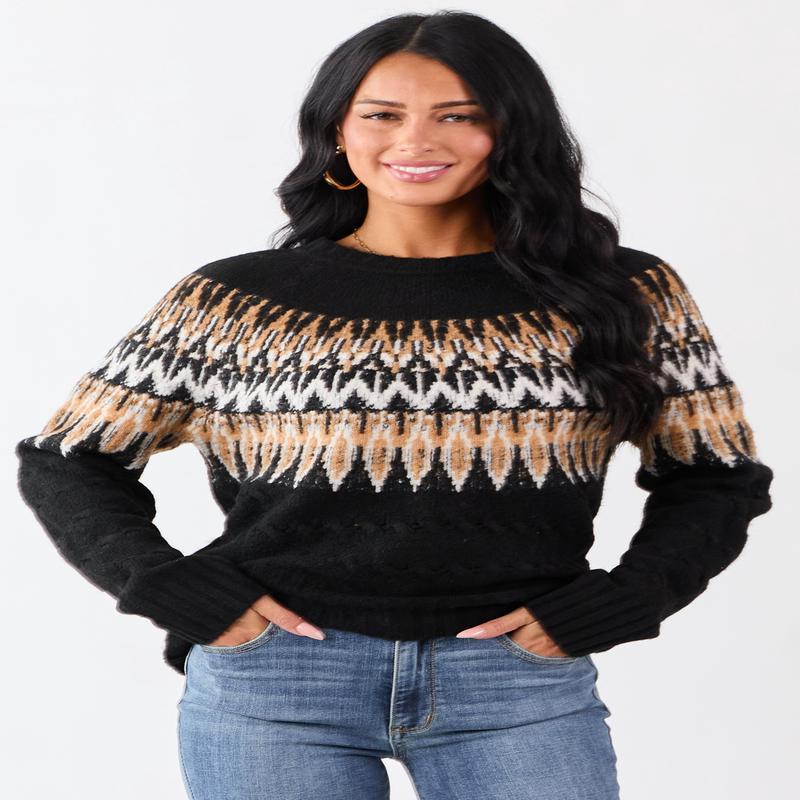 Black Cable Knit Fair Isle Pattern Relaxed Sweater