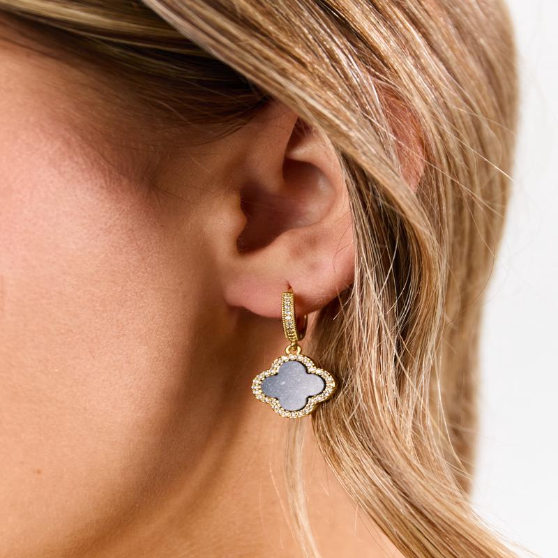 Black Clover Charm Rhinestone Huggie Drop Earrings