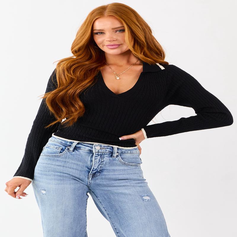 Black Contrast Trim Collared Knit Sweater Top