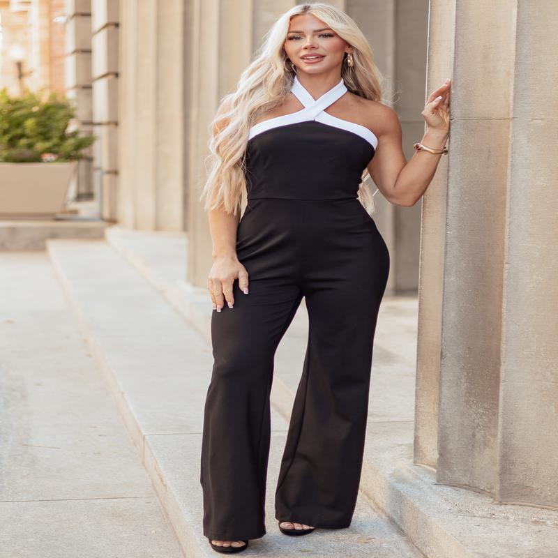 Black Criss Cross Halter Neck Wide Leg Jumpsuit
