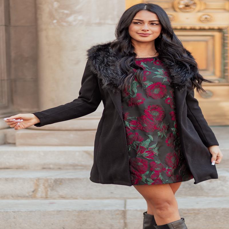 Black Faux Fur Lapel Collar Waist Tie Long Coat