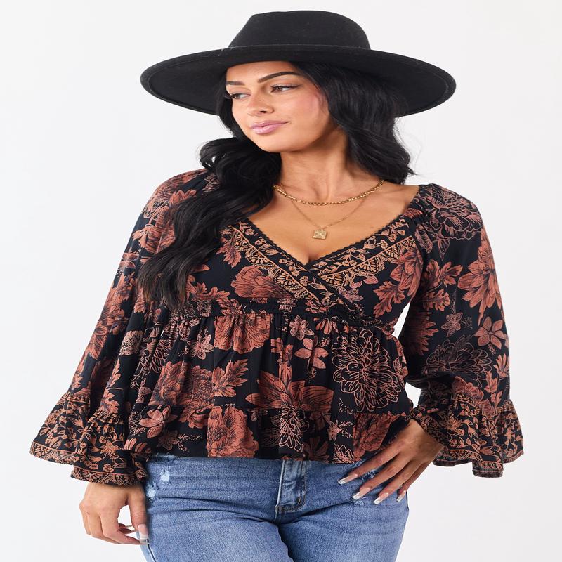 Black Floral Print Flare Sleeve Smocked Waist Top