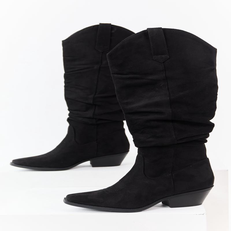 Black Microsuede Western Style Slouch Tall Boots