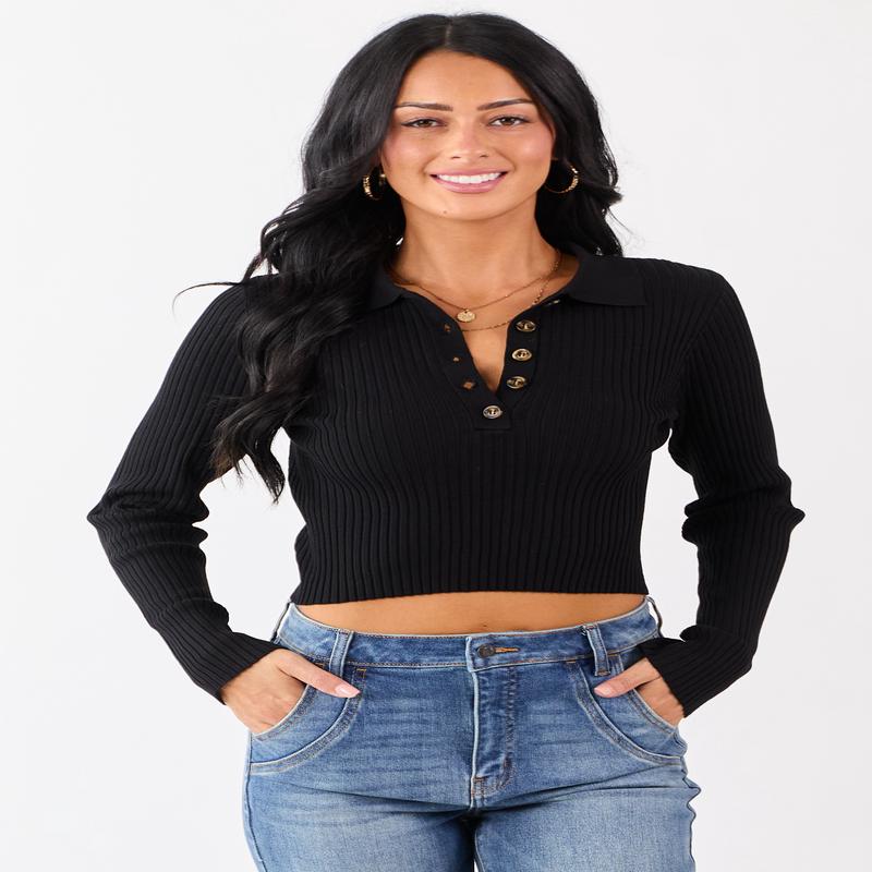 Black Rib Knit Polo Style Cropped Sweater