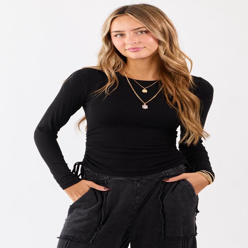 Black Ruched Side Tie Long Sleeve Knit Top
