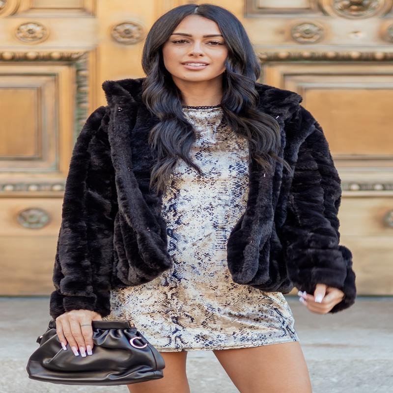 Black Soft Faux Fur Hook Closure Collared Jacket