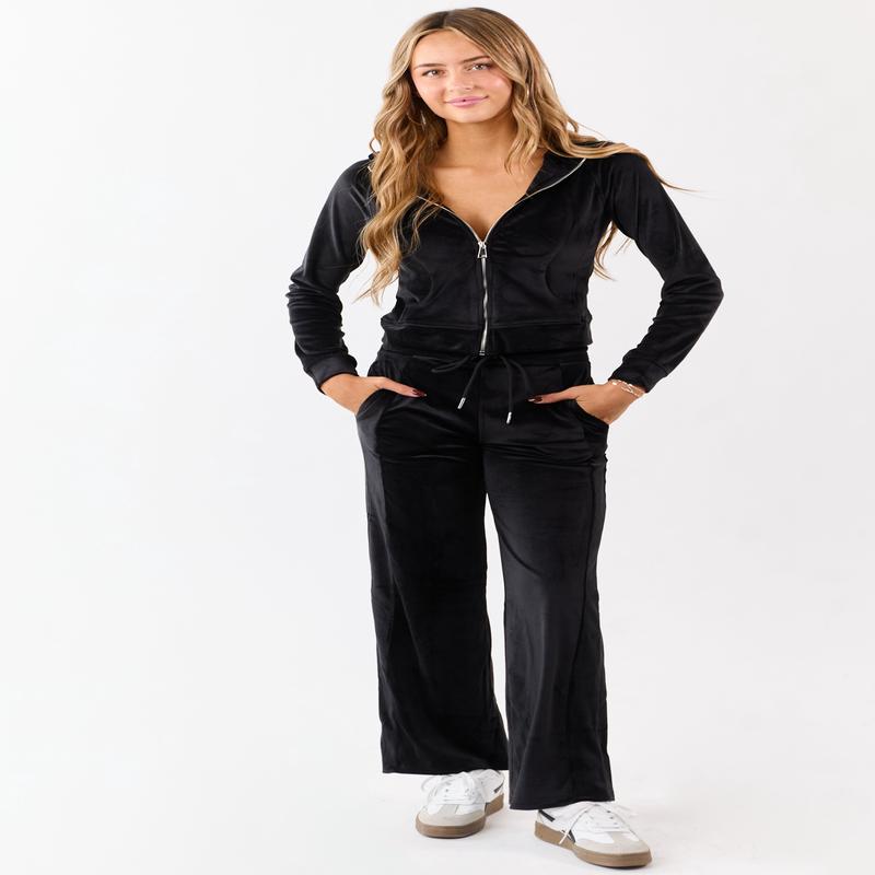 Black Soft Plush Wide Leg Drawstring Pants