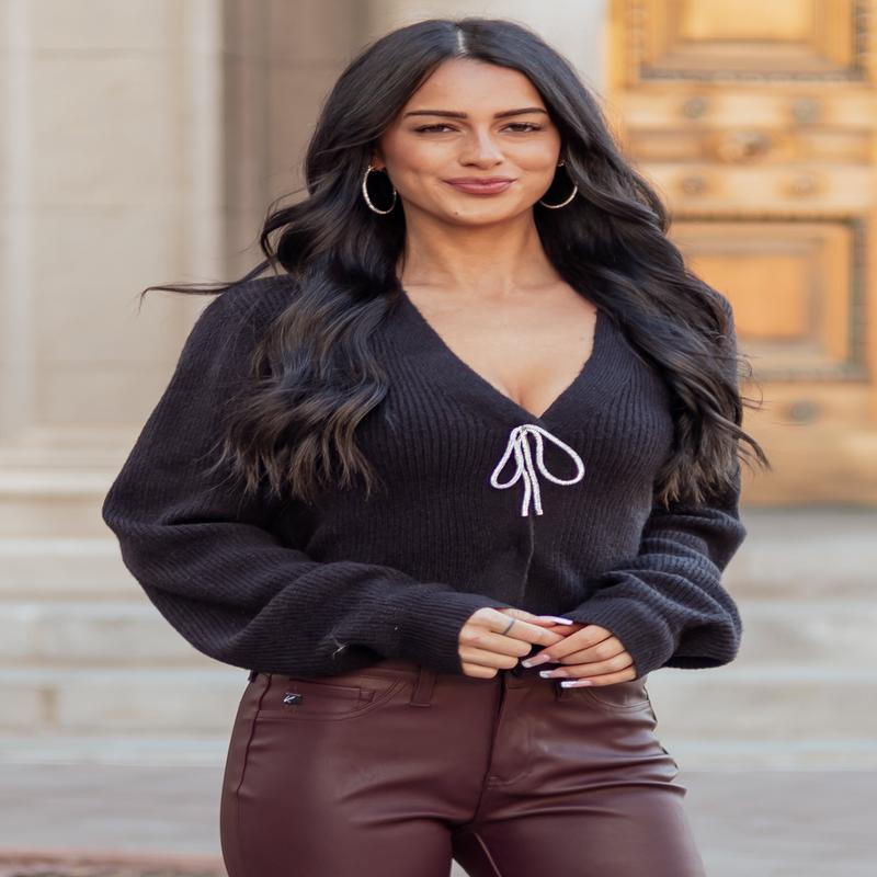 Black Sparkly Bow Button Down Rib Knit Cardigan