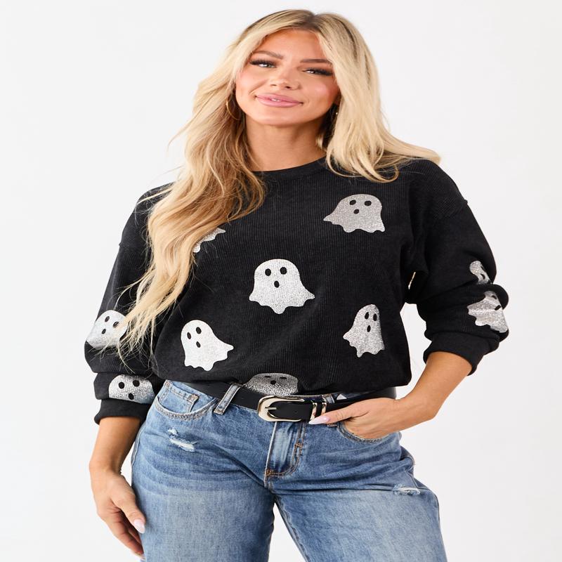 Black Sparkly Ghost Graphic Rib Knit Sweatshirt