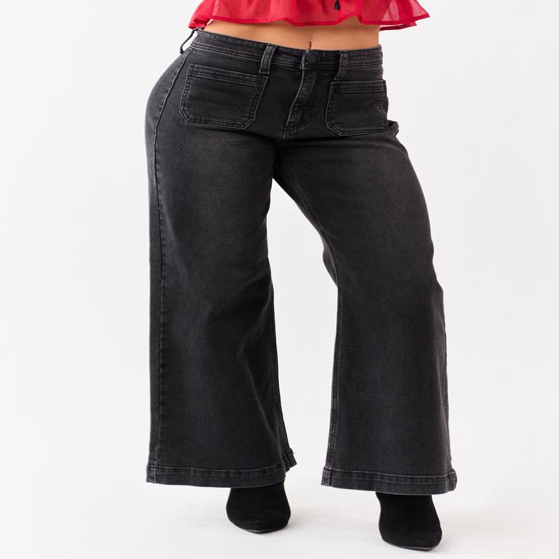 Black Washed Patch Pocket High Rise Wide Leg Jeans