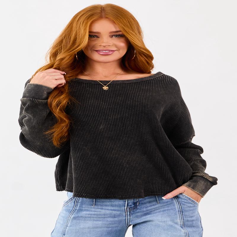Charcoal Vintage Washed Waffle Knit Boxy Cotton Top