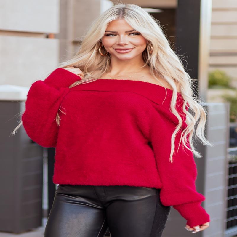 Cherry Eyelash Knit Off Shoulder Long Sleeve Sweater