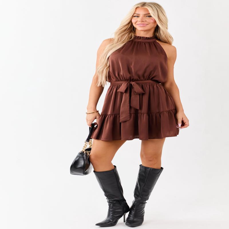 Chocolate Satin Halter Neck Waist Tie Mini Dress